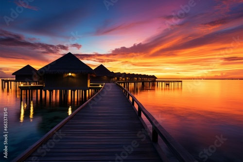 Maldives charm sunset, water villas, sandy shores for a dream vacation © Jawed Gfx