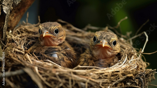 Natural bird nest with newborn babies