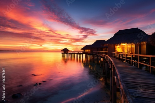 Maldives charm sunset, water villas, sandy shores for a dream vacation