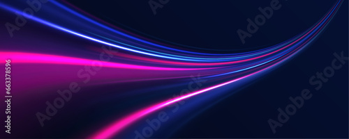 	
Acceleration speed motion on night road. Illustration of light ray, stripe line with blue light, speed motion background. Glitter blue wave light effect.	