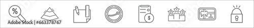 outline set of success line icons. linear vector icons such as rate, pyramid chart, de, increase, budget, pedestal, gift voucher, open padlock