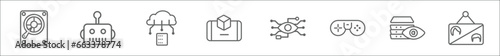 outline set of augmented reality line icons. linear vector icons such as hard drive, bot, big data, 3d, bionic, video console, visualization, telepresence
