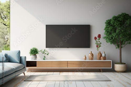 Modern living room features TV on cabinet against a blue wall