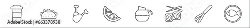 outline set of bistro and restaurant line icons. linear vector icons such as cardboard cup, mexican food, chicken thigh, half lemon, coffe pot, sushi piece, manual mixer, kitchen fish