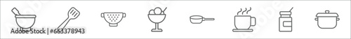 outline set of bistro and restaurant line icons. linear vector icons such as mortar with e, spatula utensil, strainer with handle, ice cream balls cup, lateral pan, breakfast cup, drink jar, pot