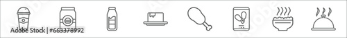 outline set of fast food line icons. linear vector icons such as beverage, take away, milk bottle, food serving, fried chicken, online, hot dish, cooking