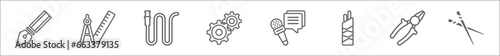 outline set of tools and utensils line icons. linear vector icons such as writing tools, compass and ruler for mathematics, hosepipe tool to extinguish fire or gardening, tings gears, news
