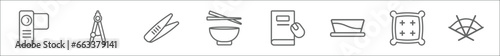 outline set of tools and utensils line icons. linear vector icons such as video camera from frontal view, maths compass tool, forceps, bowl and chopsticks of japan, book with mouse, water bowl,