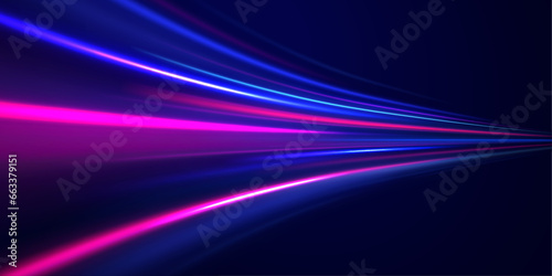 Expressway, the effect of car headlights. Low-poly construction of fine lines. Blue background. Elegant bright neon linear wave. photo