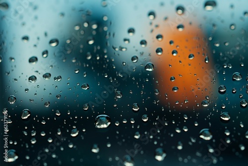 Monsoons art Raindrops adorn a glass window in the rainy season