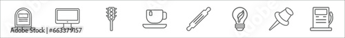 outline set of tools and utensils line icons. linear vector icons such as grave, screen in black, semaphore traffic lights, cup of tea, tools and utensils, eco light bulb, push pins, fuel oil bomb