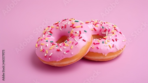  two pink donuts with sprinkles on a pink background.  generative ai © Nadia