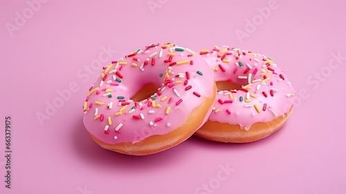  two pink donuts with sprinkles on a pink background. generative ai