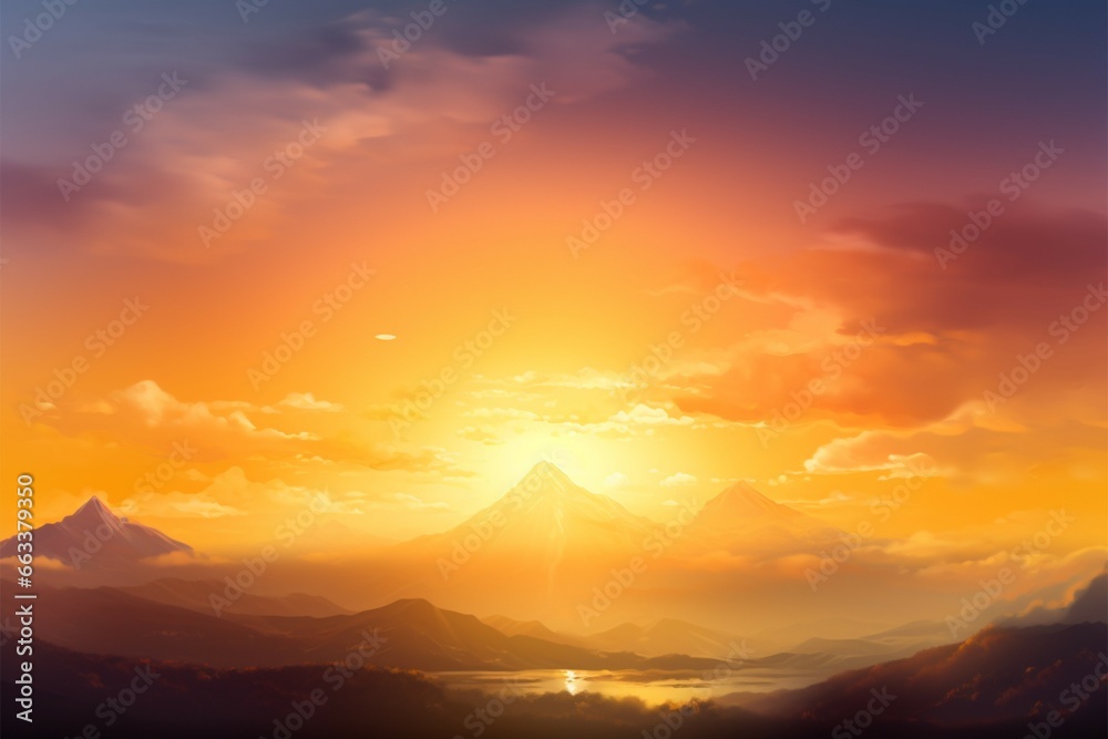 Mountains blur against a painted sky, a serene, colorful backdrop