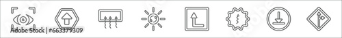 outline set of user interface line icons. linear vector icons such as viewer, right up arrow, rear window defrost, solar recycle, turn up arrow, up arrow with scribble, downward rotation, deviation