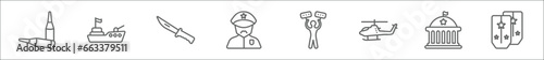 outline set of army and war line icons. linear vector icons such as two bullets, army boat, military knife, veteran, revolt, helicopter, federal agency, shoulder strap