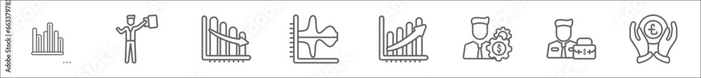 outline set of business line icons. linear vector icons such as bar chart dual information, success man, finances statistics descending bars graphic, dual chart, finances stats bars graphic with up