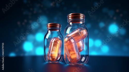 medicine polygonal pills antibiotics in a jar blue background.