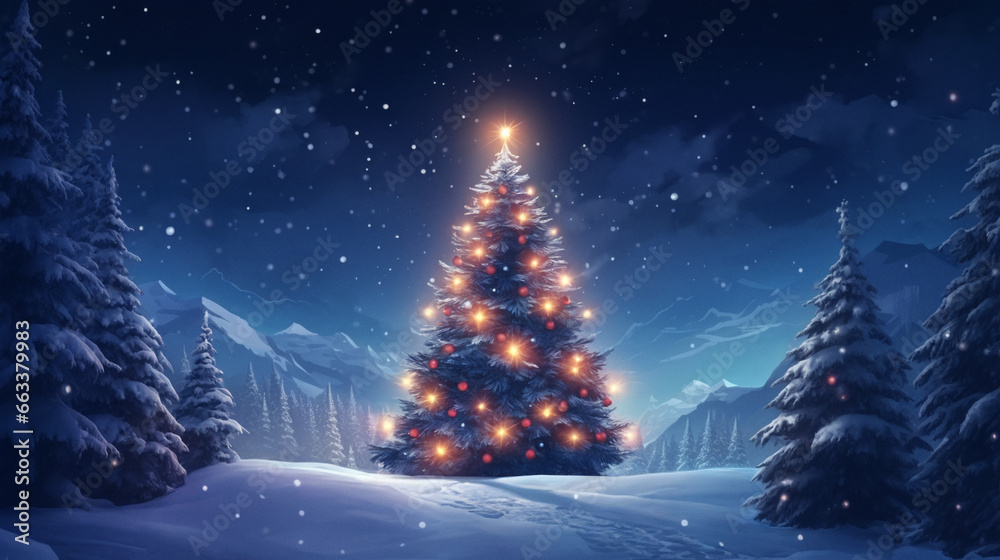 Christmas tree. Winter landscape. Night forest