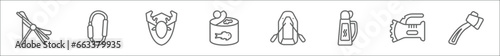 outline set of camping line icons. linear vector icons such as deck chair, carabiner, hunting trophy, canned food, inflatable boat, thermo, torch, axe