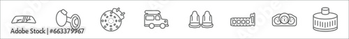 outline set of car parts line icons. linear vector icons such as car windscreen, car petrol cap, brake pad, luggage rack, cowl, gasket, dashboard, oil filter