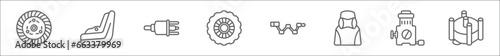 outline set of car parts line icons. linear vector icons such as car clutch, car mud flap, distributor, tyre, crank, headrest, choke, distributor cap