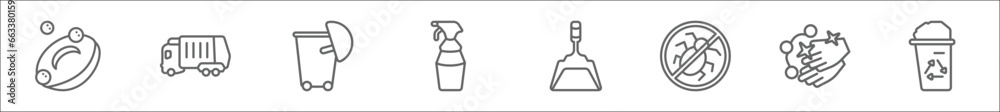 outline set of cleaning line icons. linear vector icons such as soap, garbage truck cleanin, wiping trash container, glass cleaner, dustpan, virus cleanin, hand wash, wiping trash - obrazy, fototapety, plakaty 