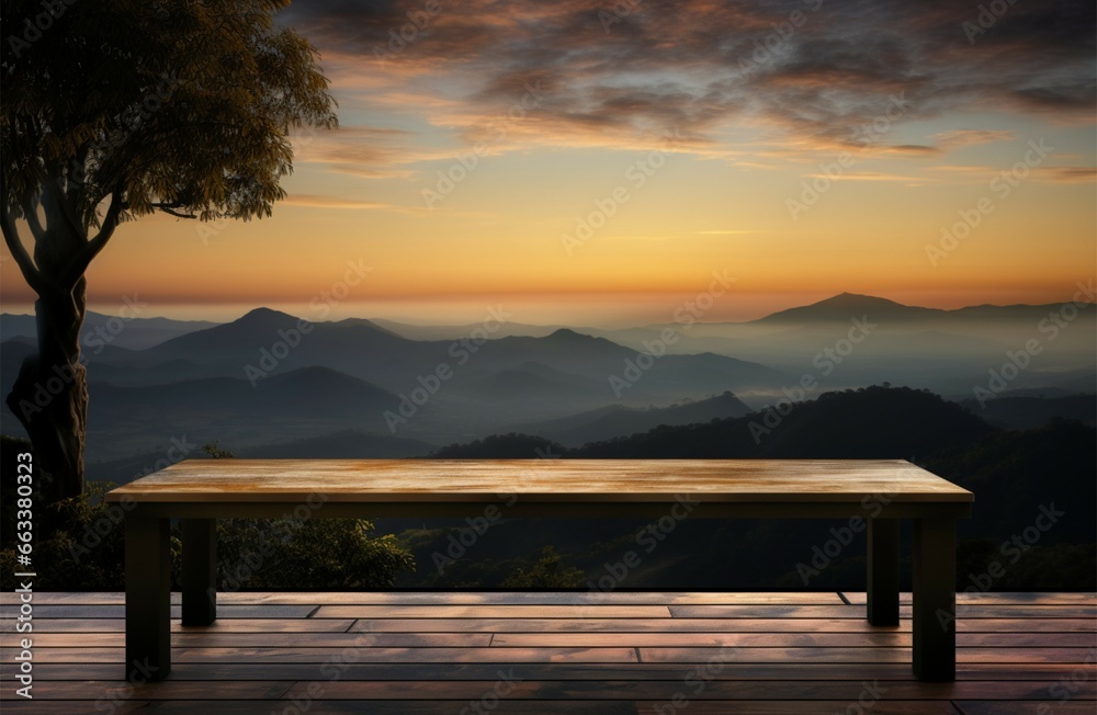 Natures tableau wooden table framed by sunset, sky, tree, mountains