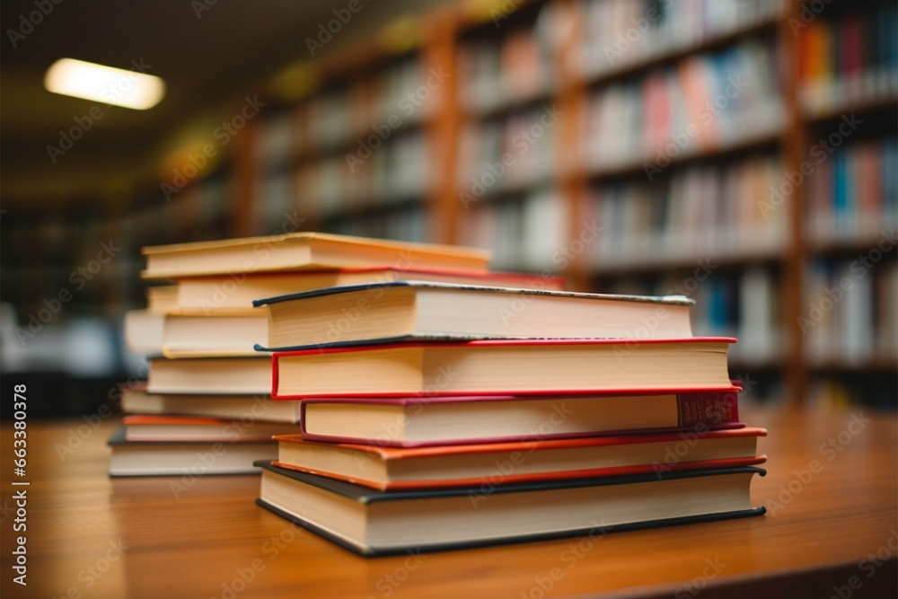 Neat stack of books on table, library bookshelf blurred behind Neat stack of books on table, library bookshelf blurred behind