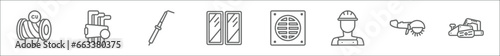 outline set of construction and tools line icons. linear vector icons such as copper, allen keys, iron soldering, glass wall, drain, mechanic working, metal saw, planer