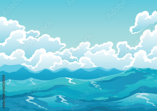 Ocean surface or landscape. Water waves, blue sky and white clouds graphics, cartoon seascape or waterscape. Vector illustration of harsh ocean