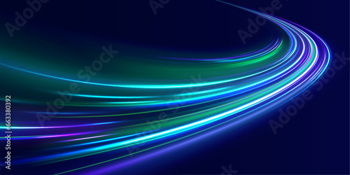 Abstract neon background with shining wires. Neon motion glowing wavy lines. Vector illustration. The effect of speed on a blue background. 