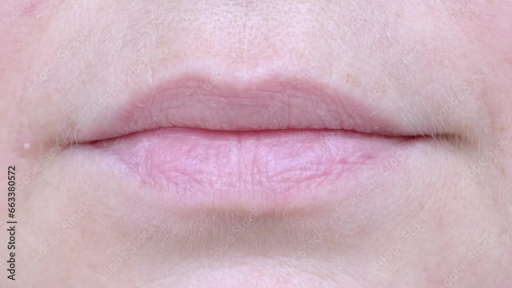 close up part face, lips mature woman 55 years old, wrinkles around