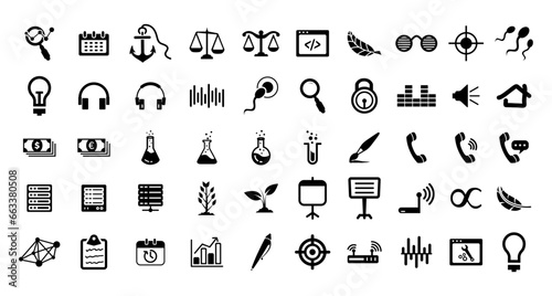 Big Icon Set: Telephone, Law, Justice, Money, Laboratory, Code, Note, Sound, Music, Saving And Many More.
