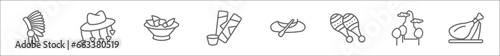 outline set of culture line icons. linear vector icons such as indian headdress, cork hat, gazpacho, spring rolls, native american canoe, maracas couple, pico cao, jamon serrano