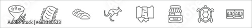 outline set of culture line icons. linear vector icons such as ajoblanco, pork ribs, dumplings, australian kangaroo, maletsunyane, food stall, surfing a sea turtle, bo kaap