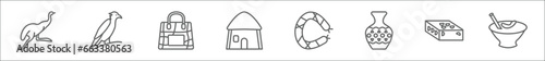 outline set of culture line icons. linear vector icons such as australian emu, aw on a branch, crocodile leather bag, mud hut, chorizo, native american pot, turron, crema catalana