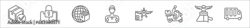 outline set of delivery and logistic line icons. linear vector icons such as package checking, delivery safety, planet earth, courier, delivery by plane, by motorcycle, arrival,