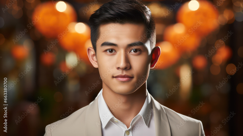 Confident Asian Man with Bokeh Lights - Portrait of Handsome Young Gentleman