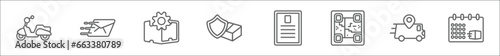 outline set of delivery and logistics line icons. linear vector icons such as scooter, express mail, delivery tings, logistic protection, waybill, qr code, delivery by car, schedule