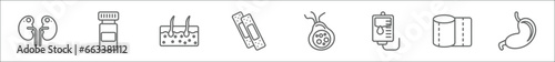 outline set of medical line icons. linear vector icons such as kidneys, antibiotic, epidermis, plaster, bacteria, crutches, tissue paper, stoh