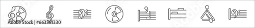 outline set of music and media line icons. linear vector icons such as music record, clef, octave clef, dvd disc, breath mark, half rest, music triangle, bass clef