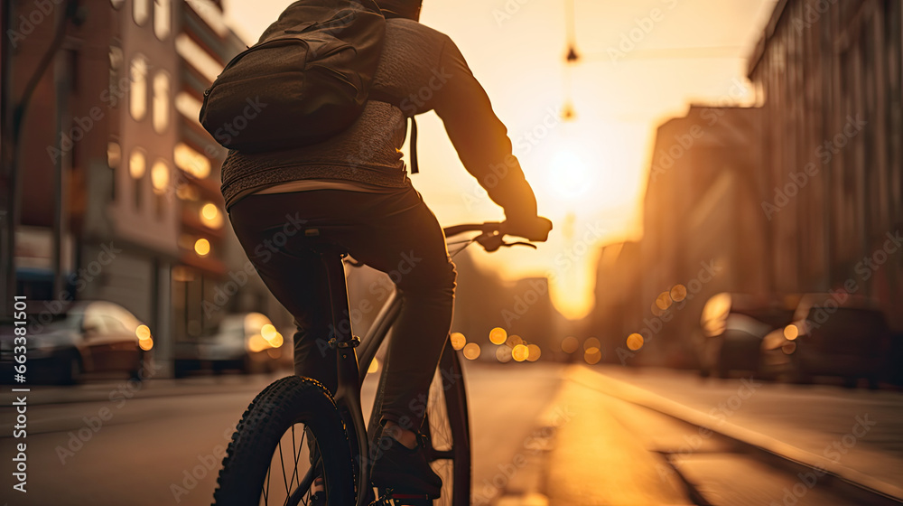 a young american man riding a bicycle on a road in a city street, a man riding a bicycle on a city street during sunset - obrazy, fototapety, plakaty 
