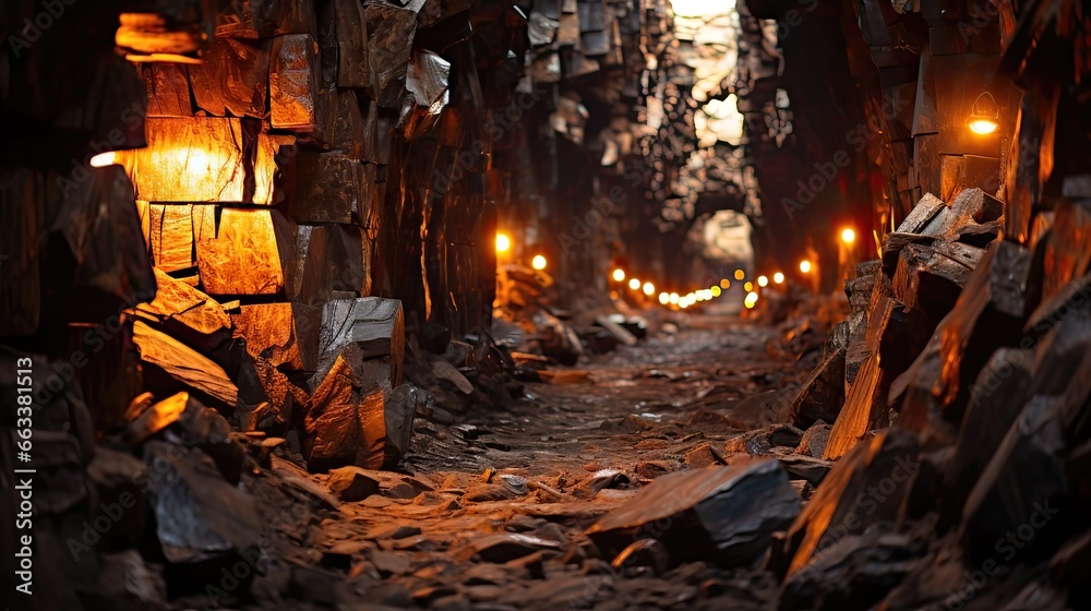 Obraz premium Collapsed Timbered Underground Tunnel in Abandoned Copper Mine. Industrial Relic