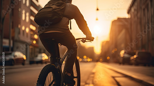 a young american man riding a bicycle on a road in a city street, a man riding a bicycle on a city street during sunset © Nhan