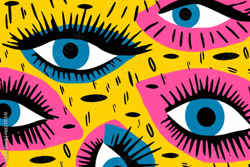 Bold, bright mascara quirky doodle pattern, wallpaper, background, cartoon, vector, whimsical Illustration