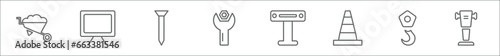 outline set of construction line icons. linear vector icons such as wheel barrow, board, nail, wrench and nut, boning rod, traffic cone, hook with cargo, rammer