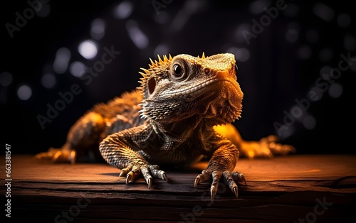 Orange bearded dragon on a wooden table in a black background