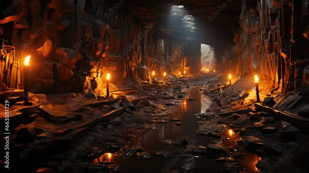 Fototapeta premium Abandoned Copper Mine Relic. Collapsed Timbered Underground Tunnel 