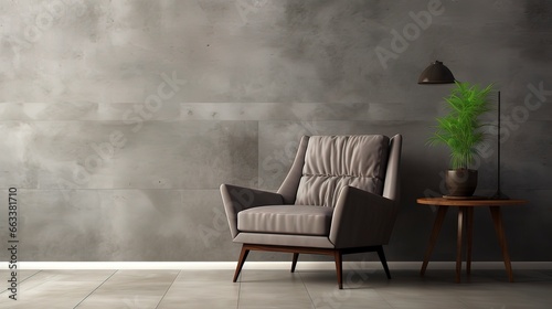 Minimalist interior design with empty concrete gray wall, modern armchair. Generation AI